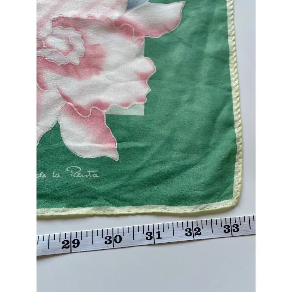 Vintage Oscar de la Renta Green and Pink Floral Silk Scarf 33" Square - Picture 5 of 6